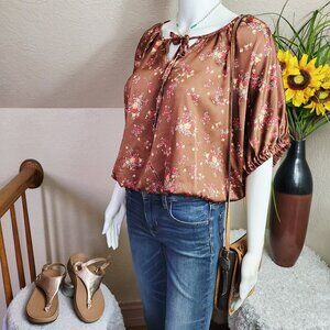 Kylie Paige adorable cottage core satin blouse with floral pattern